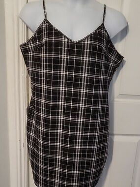 SHEIN Black and White Plaid Slip Dress with Thin Adjustable Straps